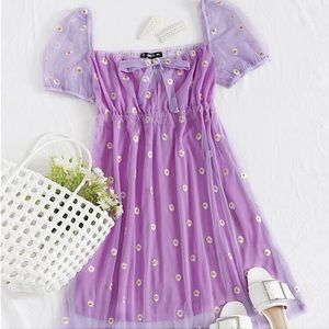 Purple Floral Embroidered Daisy Print Mesh Overlay Tie Front Dress Medium